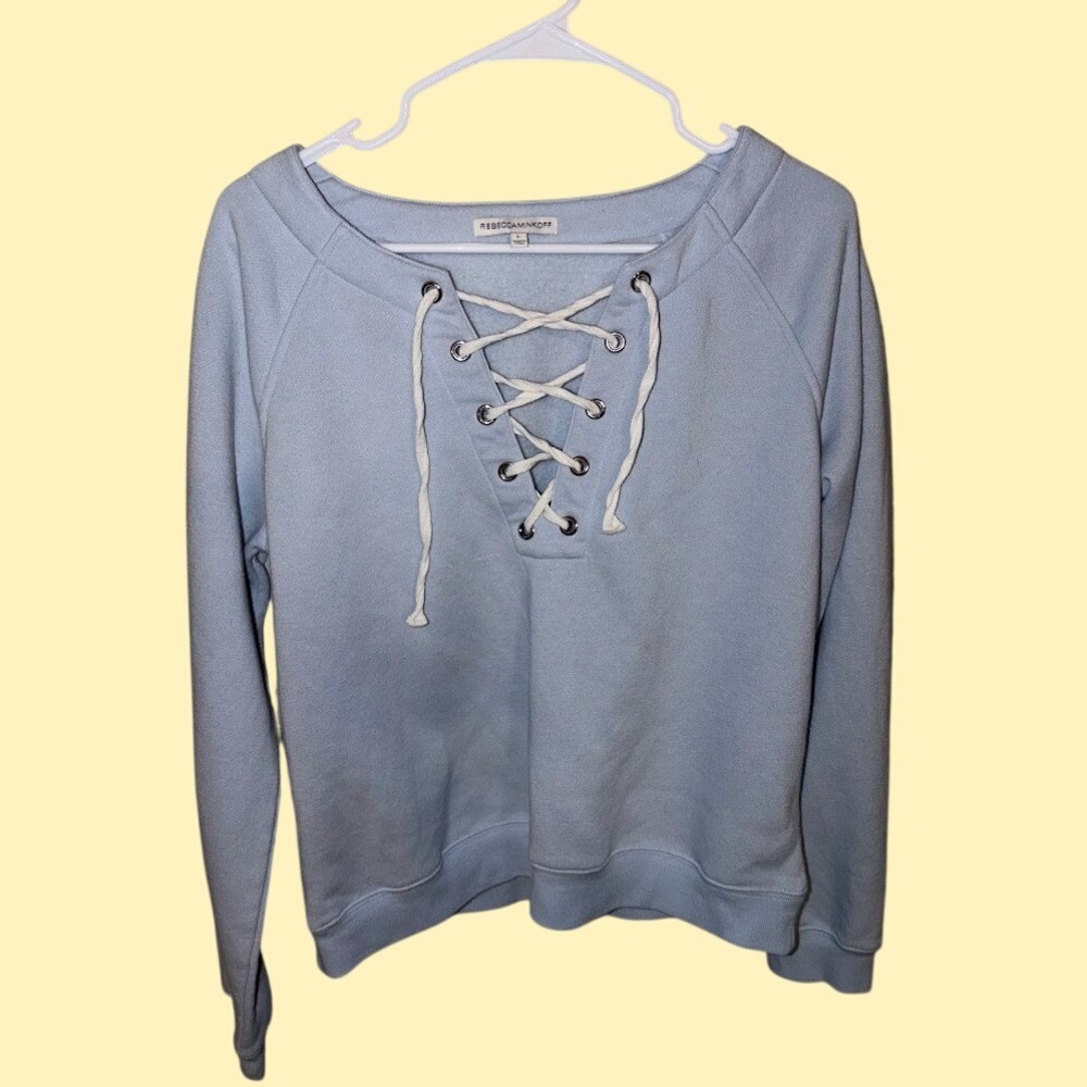 Rebecca Minkoff Womens Light Blue Lace Up Grommet Fleece Sweatshirt Pullover L